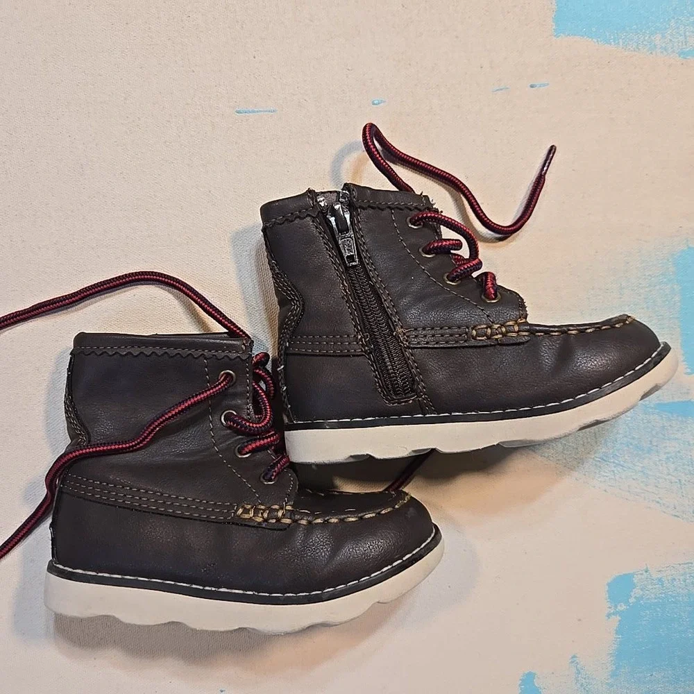Baby Gap Kids 7 Brown Moc Toe Lace Up Boots Red Laces Side Zip Faux Leather Sole